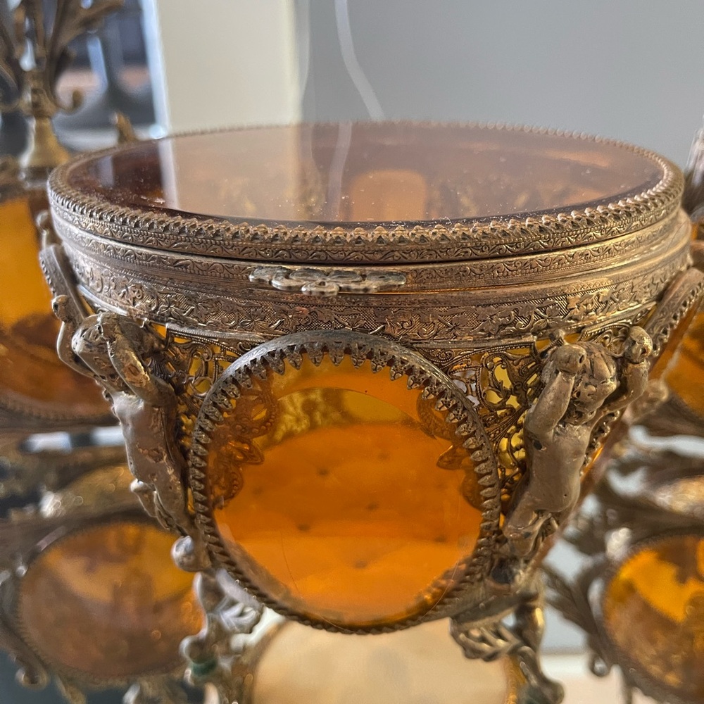 Antique Vanity French Ormolu Hollywood Regency Gold Filigree Beveled Amber Glass - Picture 7 of 7
